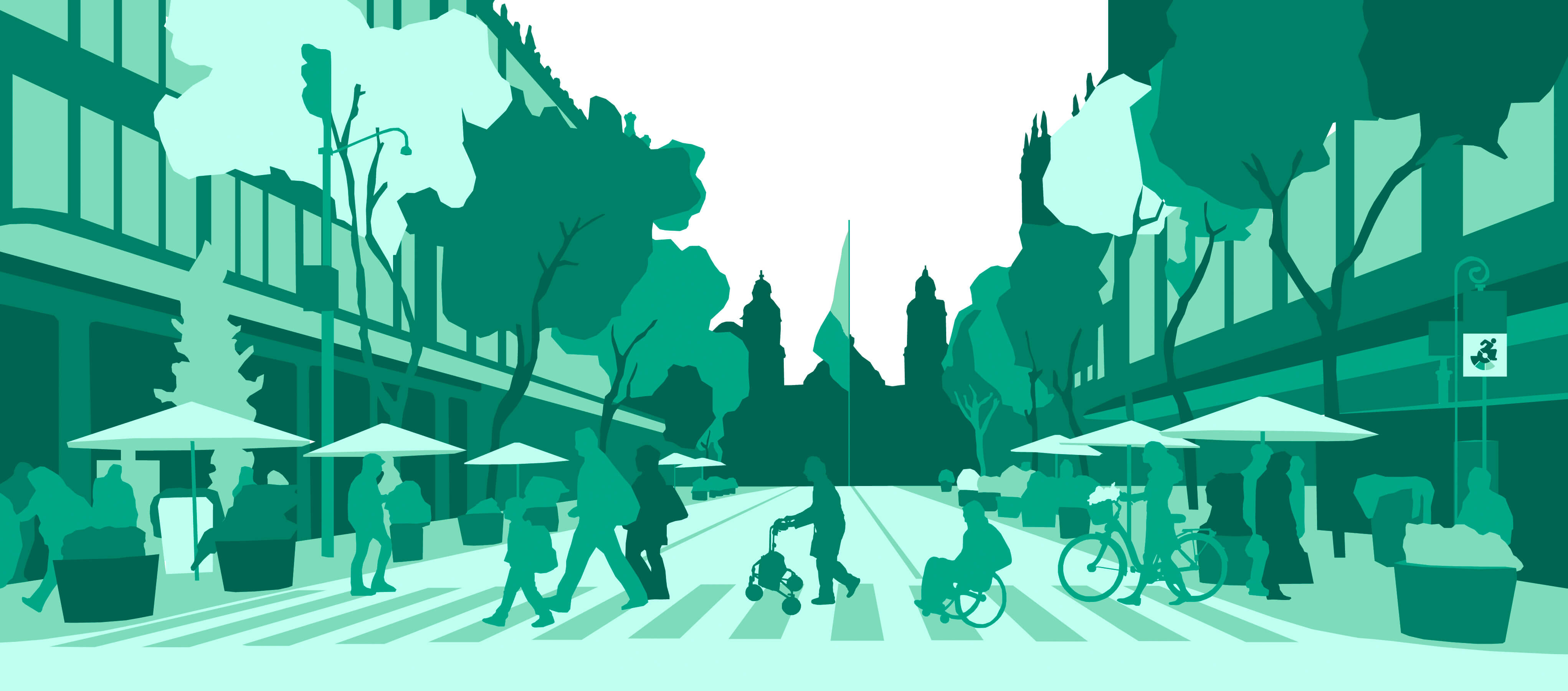 Una ilustración de una intersección con personas cruzando la calle.